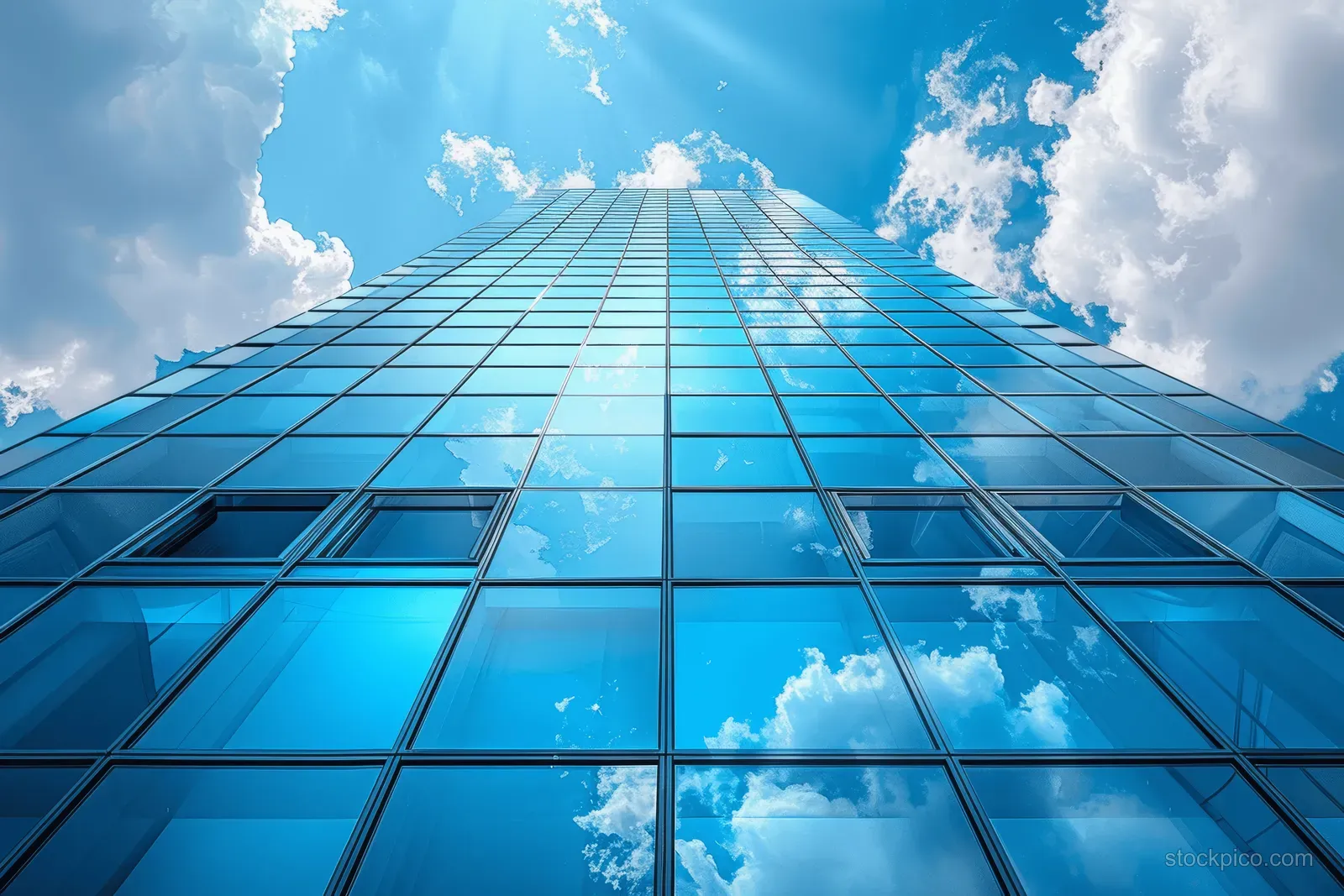 Low-angle view of a modern skyscraper with reflective glass windows showing blue sky and white clouds.