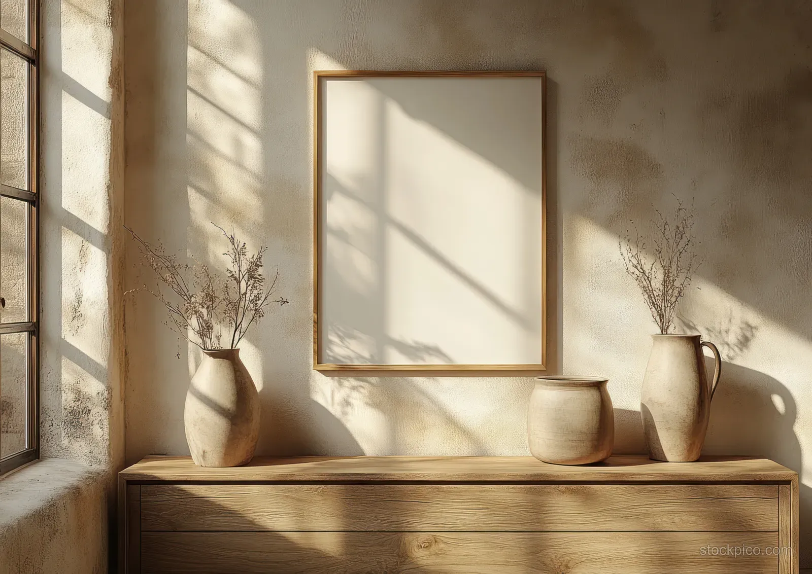 Minimalist wooden dresser in a Scandinavian interior with framed artwork, vases, and sunlight casting shadows.