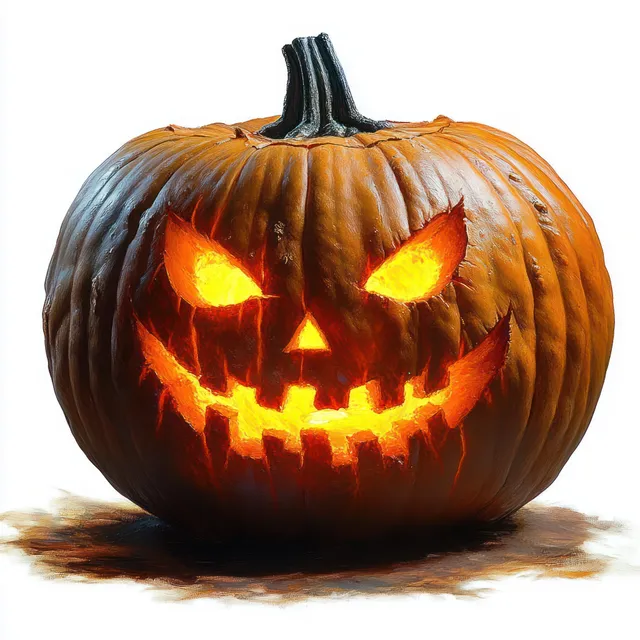 Glowing jack-o-lantern pumpkin with jagged grin and eerie eyes on white background