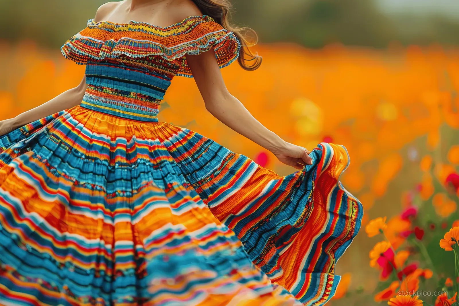 A Mexican woman twirls an orange and blue traditional skirt in a field of orange poppies.