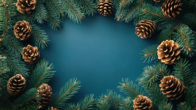 Pine branches and cones forming a festive frame on blue background