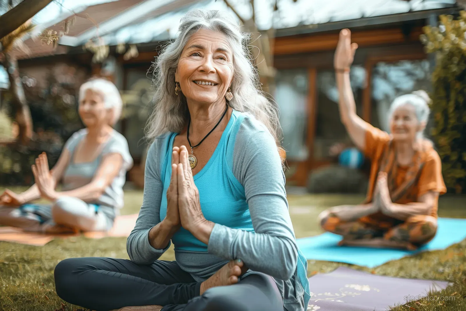 Senior women sit on yoga mats in a garden, smiling while stretching and meditating together outdoors.