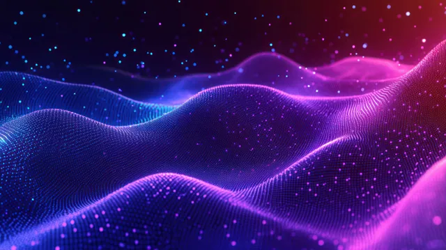 Dark starry digital landscape with glowing blue and pink wave-like grid surfaces and scattered bright dots.
