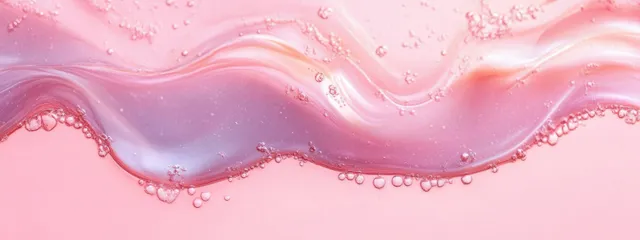 Macro close-up of clear gel with tiny bubbles and glossy highlights over a soft pink background.