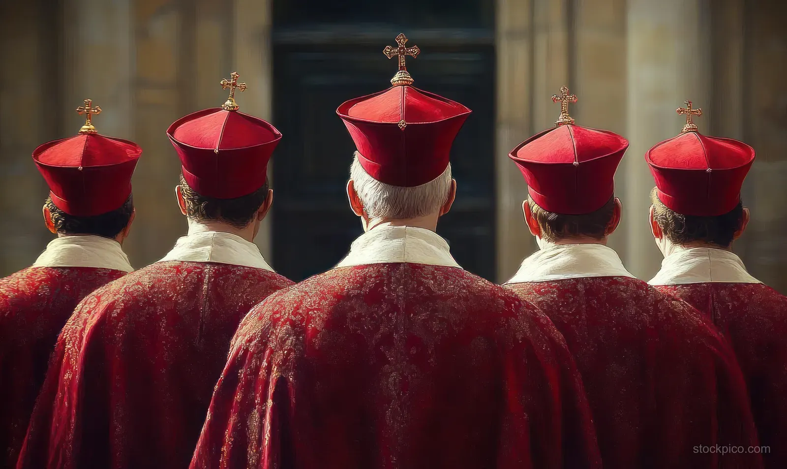 Five clergymen in red robes with gold cross-topped hats stand in a church interior from behind.