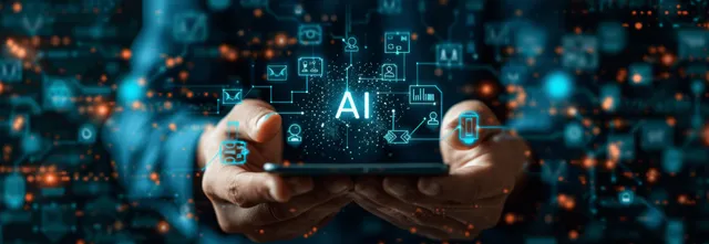 A businessman’s hand touches a glowing AI interface as digital network and machine-learning icons float in the background.