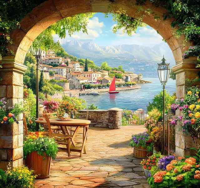 Mediterranean village waterfront view framed by stone arch, cobblestone path, blooming flowers