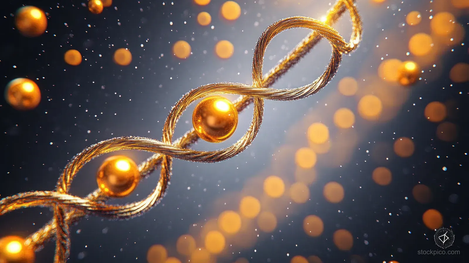 A glowing golden hair-fiber helix with floating spheres over a dark speckled scientific background.