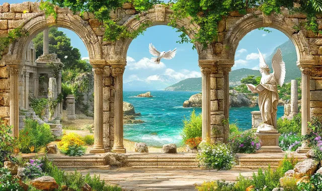 Classical arch ruin overlooking turquoise sea, winged angel statue, and flying bird