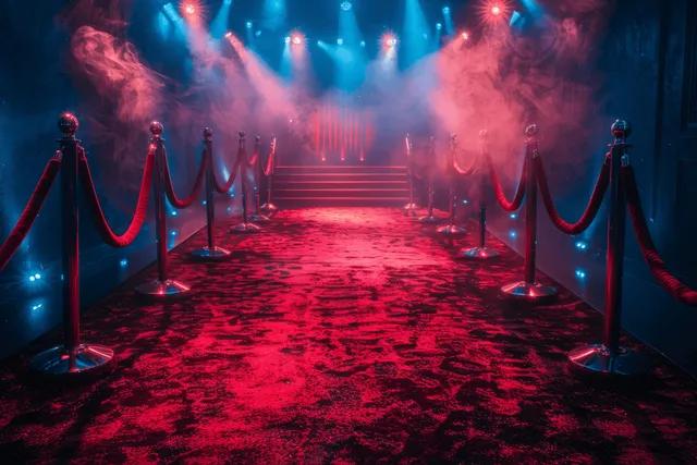 Red carpet entrance with spotlights, smoke, and velvet ropes at a Hollywood movie premiere