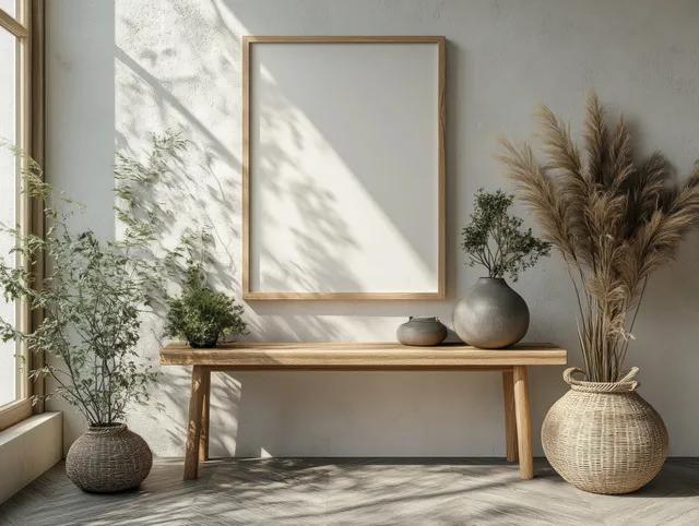Empty photo frame on wooden console table beside sculptural plants in soft window light