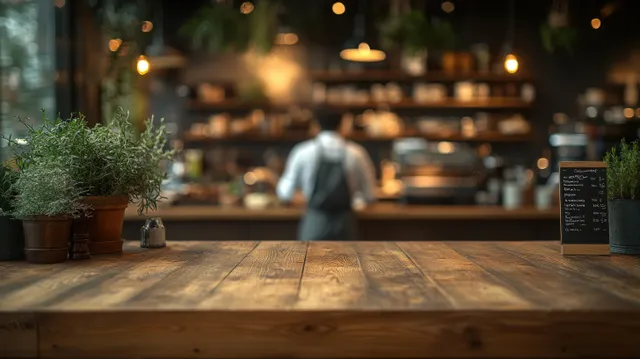 Menu frame and tent card sit on a wooden restaurant counter with a blurred chef cooking behind them.