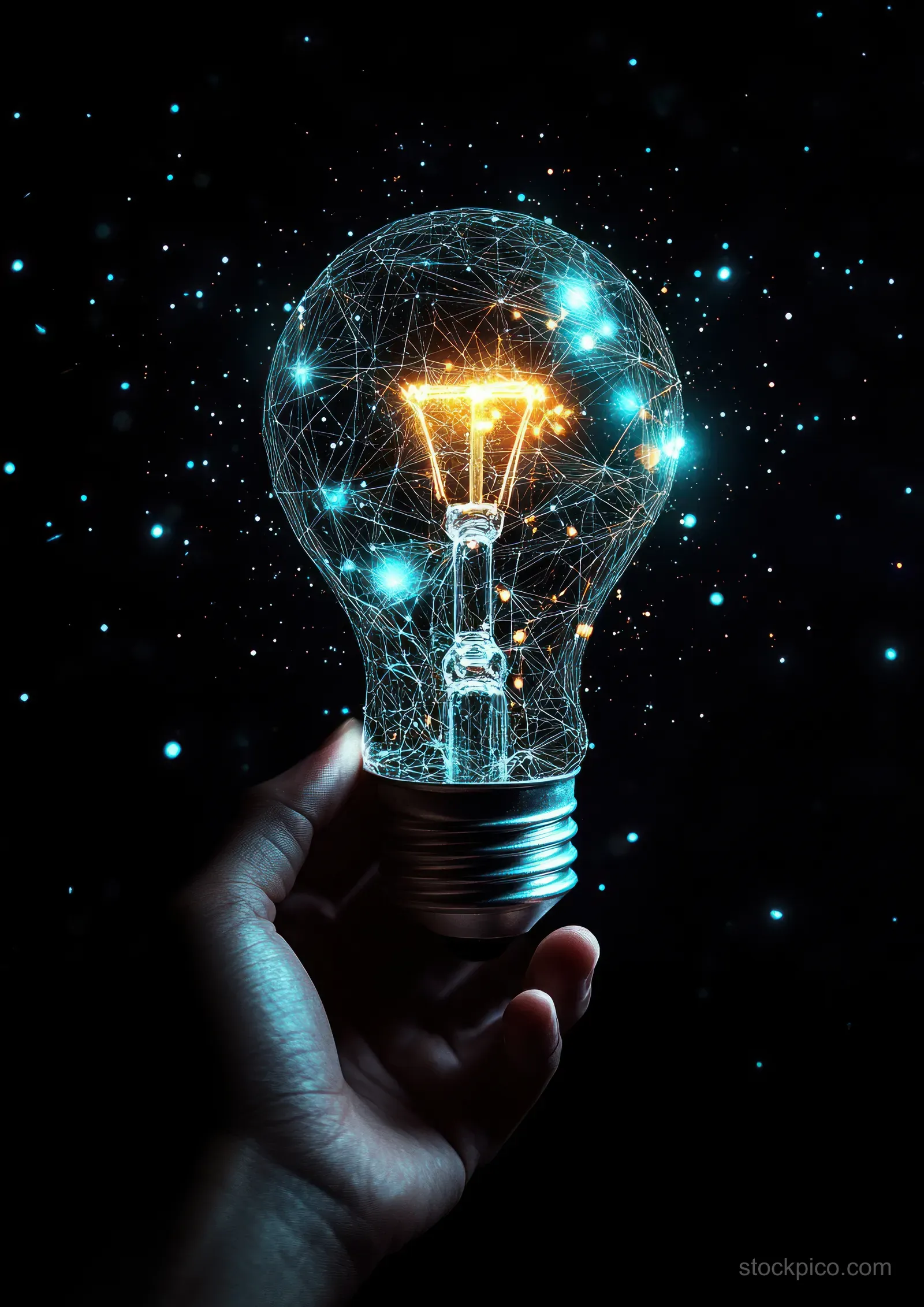 A hand holds a glowing light bulb with digital network lines and blue particles on a dark background.