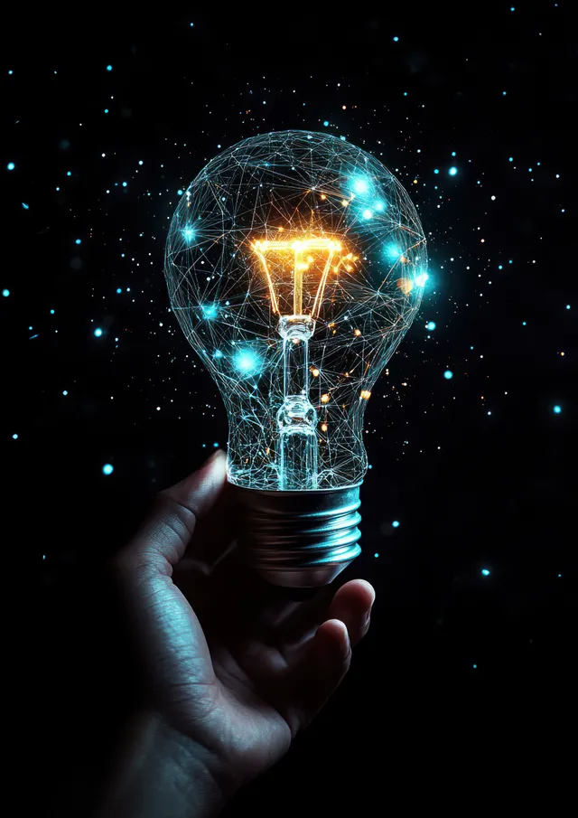 Hand Holding Glowing Light Bulb with Digital Network on Dark Background