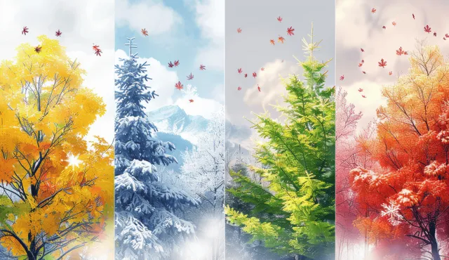 Four seasonal trees in split banners with changing colors