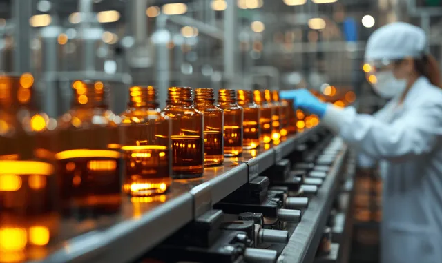 Technician in sterile attire watches amber pharmaceutical bottles roll along an automated conveyor inside a production room.