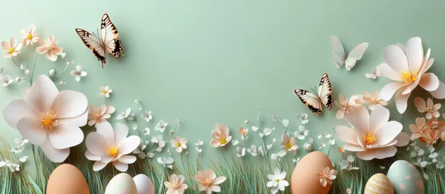 Pastel spring flowers and butterflies above decorated eggs in lush grassy meadow