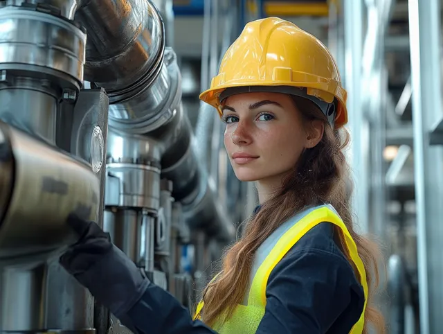 Young engineer woman inspects steel pipes in factory, yellow hard hat close-up details