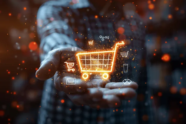 A person’s hand over a glowing virtual shopping cart interface in a digital e-commerce marketplace scene.