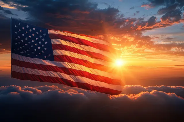 An American flag waves above glowing clouds at sunset with bright sun rays near the horizon.