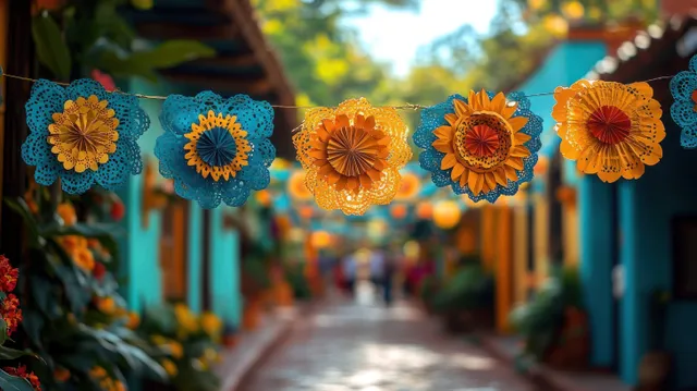 Colorful paper flower garland hangs above a turquoise alley with blurred people and green foliage in the background.