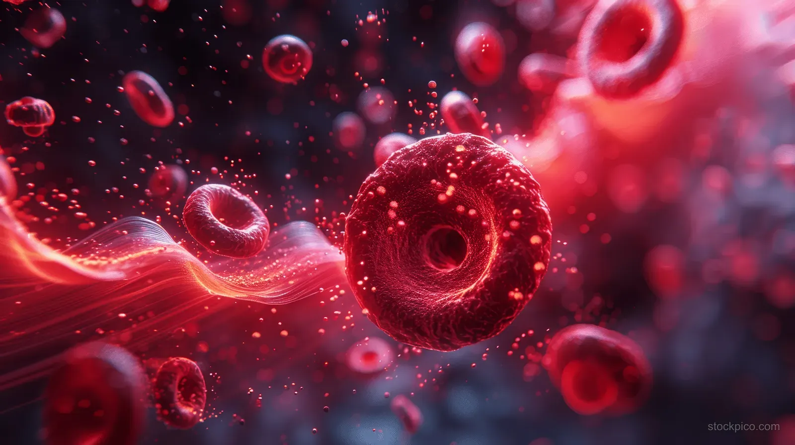 Red blood cells floating through a vein-like background with glowing plasma and soft depth blur.