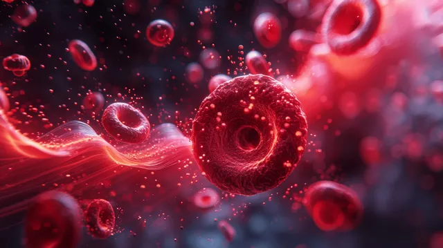 Red blood cells drifting through a vein, microscopic medical illustration with glowing plasma