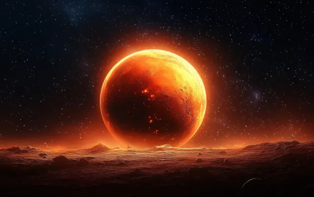Glowing Mars-like planet with red-orange atmosphere rises above rocky ground under a star-filled night sky.