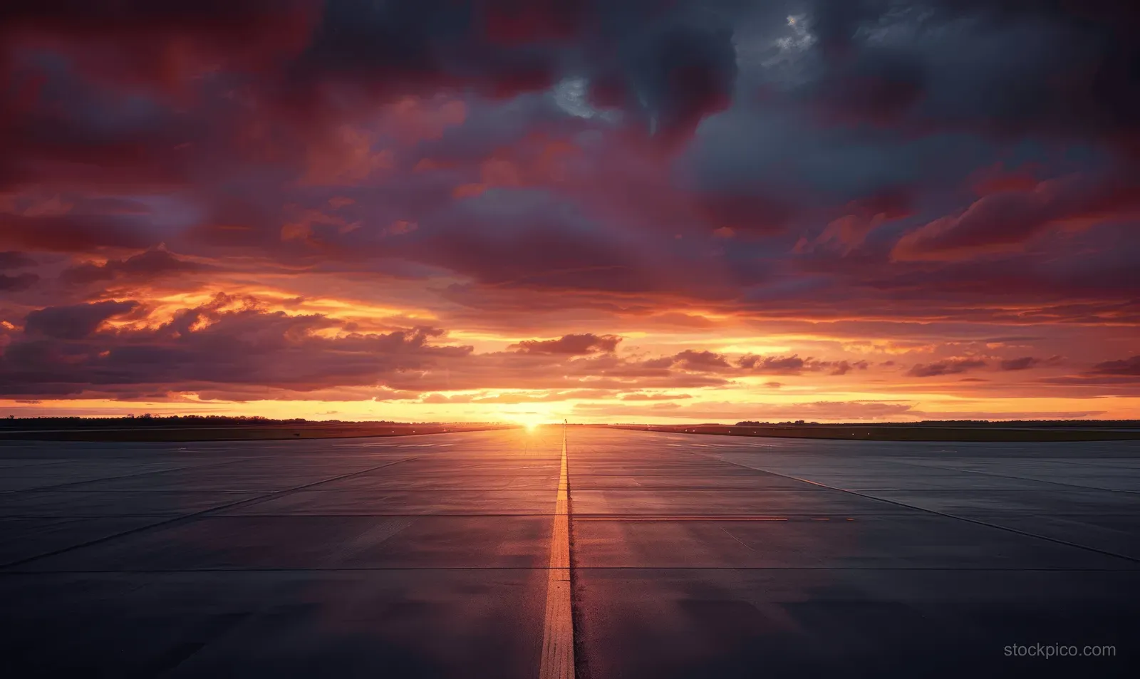 Airport runway leading toward a glowing horizon under orange and red sunset clouds.
