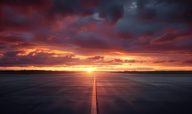 Sunset glow across airport runway, vibrant orange and red clouds over the horizon