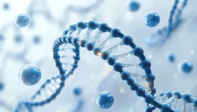 Blue DNA helix strands float through an abstract background of glowing molecular spheres and particles.