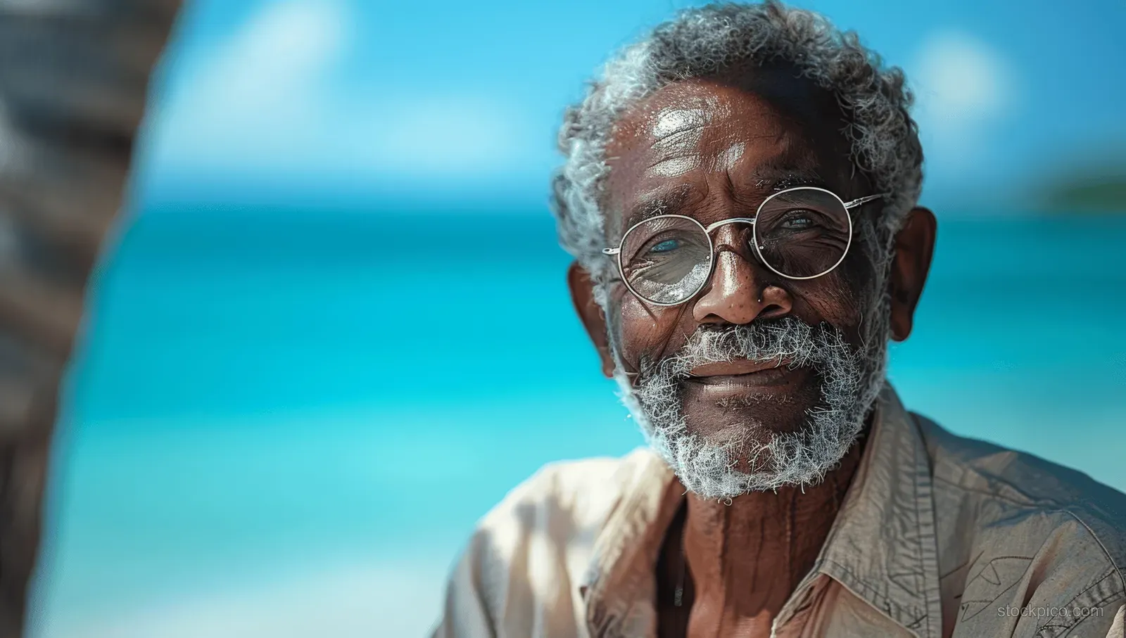 Smiling elderly African American man in a beige shirt and glasses on a sunny beach with ocean blue sky behind.