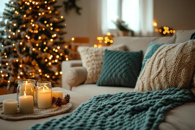 Christmas tree lights glow beside candles on a tray in a cozy living room near the sofa.