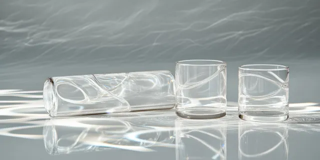 Minimalist clear glass cylinders on reflective surface with soft high-key shadows