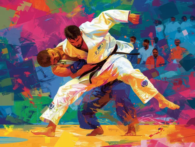 A Canadian judoka in mid-throw on a tatami mat with cheering spectators behind in a vivid illustrated scene.