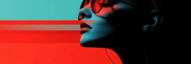 A side-profile head silhouette appears against a split red and blue glowing background.