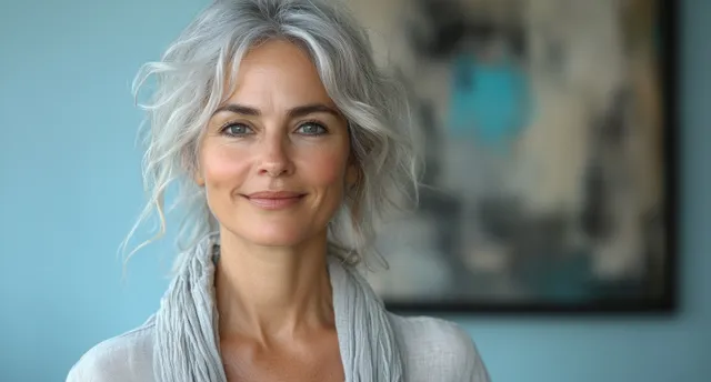 A smiling middle-aged woman applies anti-aging moisturizer to her face against a pale blue studio background.