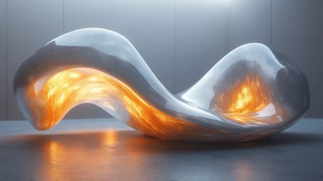 A smooth reflective abstract sculpture with glowing orange light pools rests on a dark studio floor.