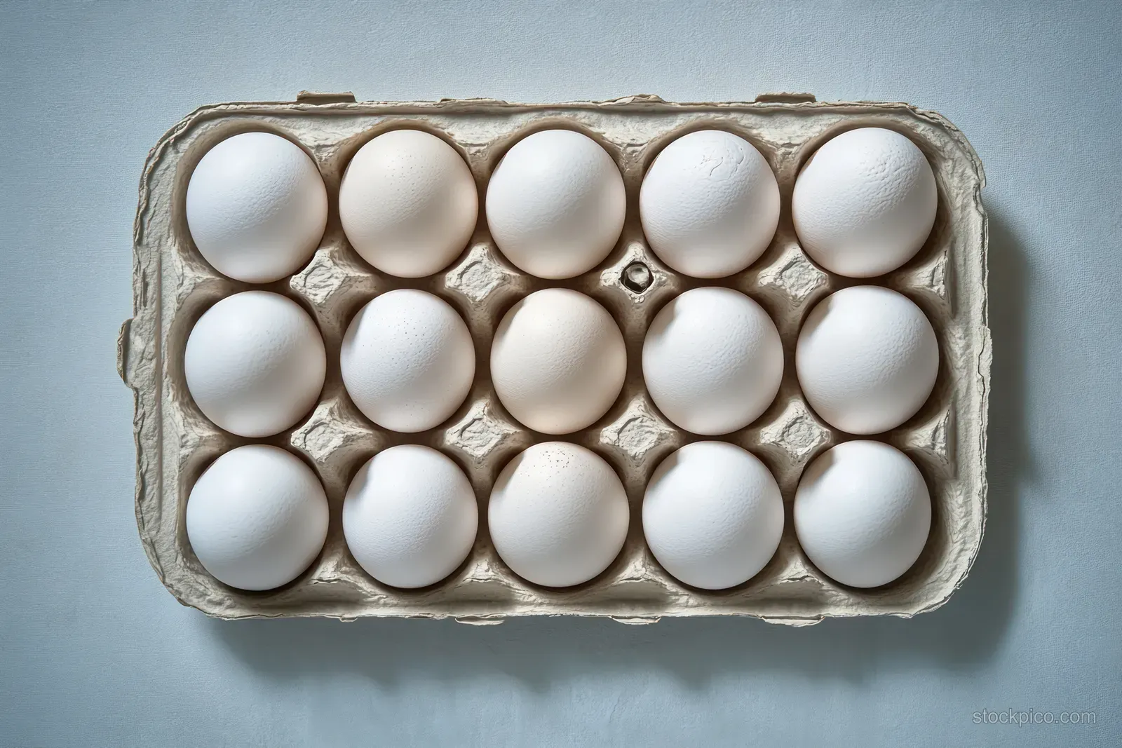 Top-down view of a cardboard egg carton with fifteen white eggs arranged neatly on a light background.