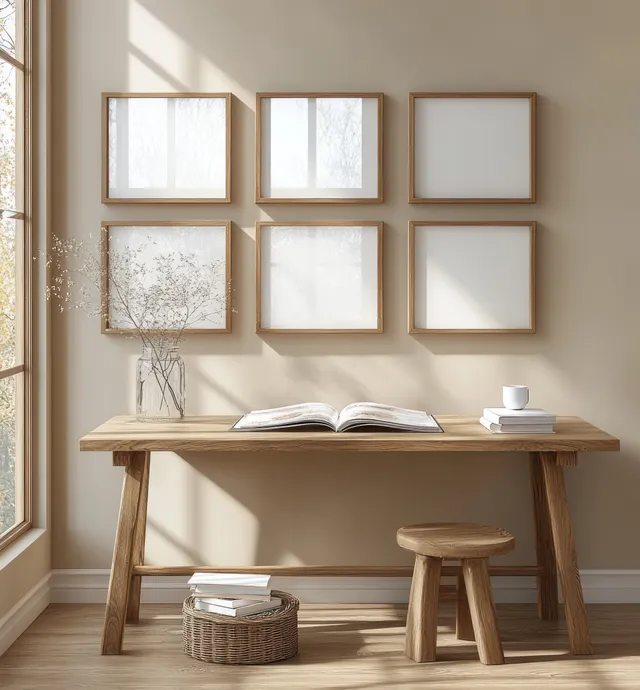 Open book and magazines rest on a wooden table beside blank frames in a bright Scandinavian living room.