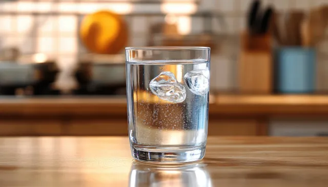 Clear glass of sparkling water with ice cubes and bubbles sits on a wooden kitchen countertop with a warm blurred background.