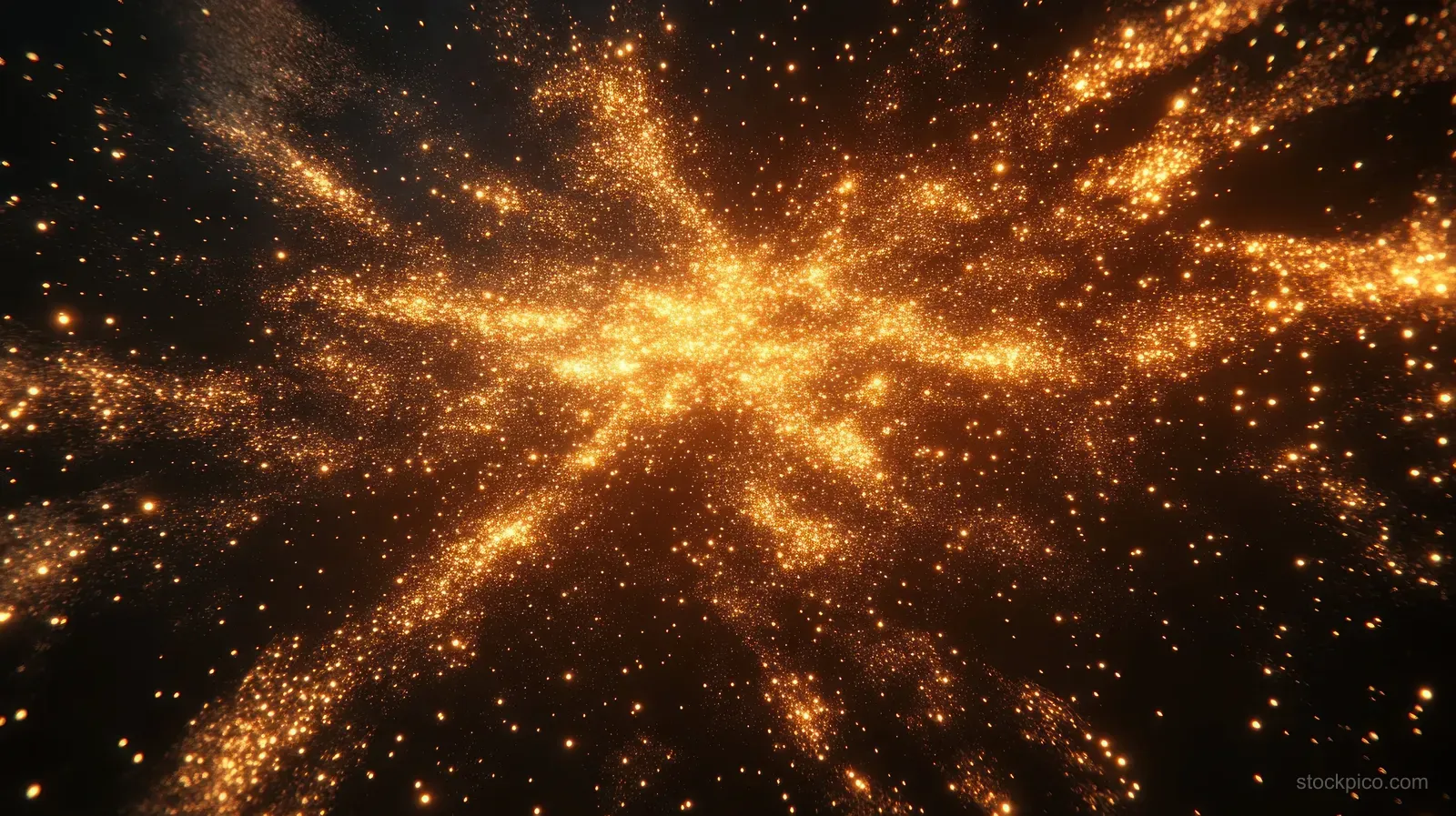 Golden sparks scatter across a dark background in a starburst pattern with countless glowing particles.
