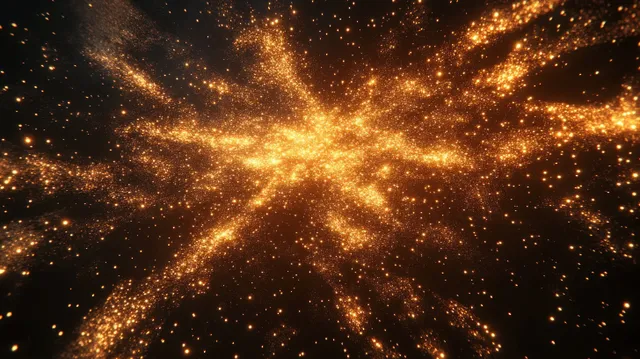 Golden sparks scatter across a dark background in a starburst pattern with countless glowing particles.
