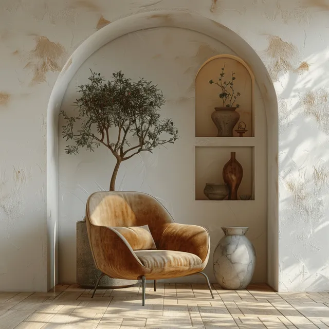 Minimalist living room interior with leather armchair, marble vase, and warm arch backdrop