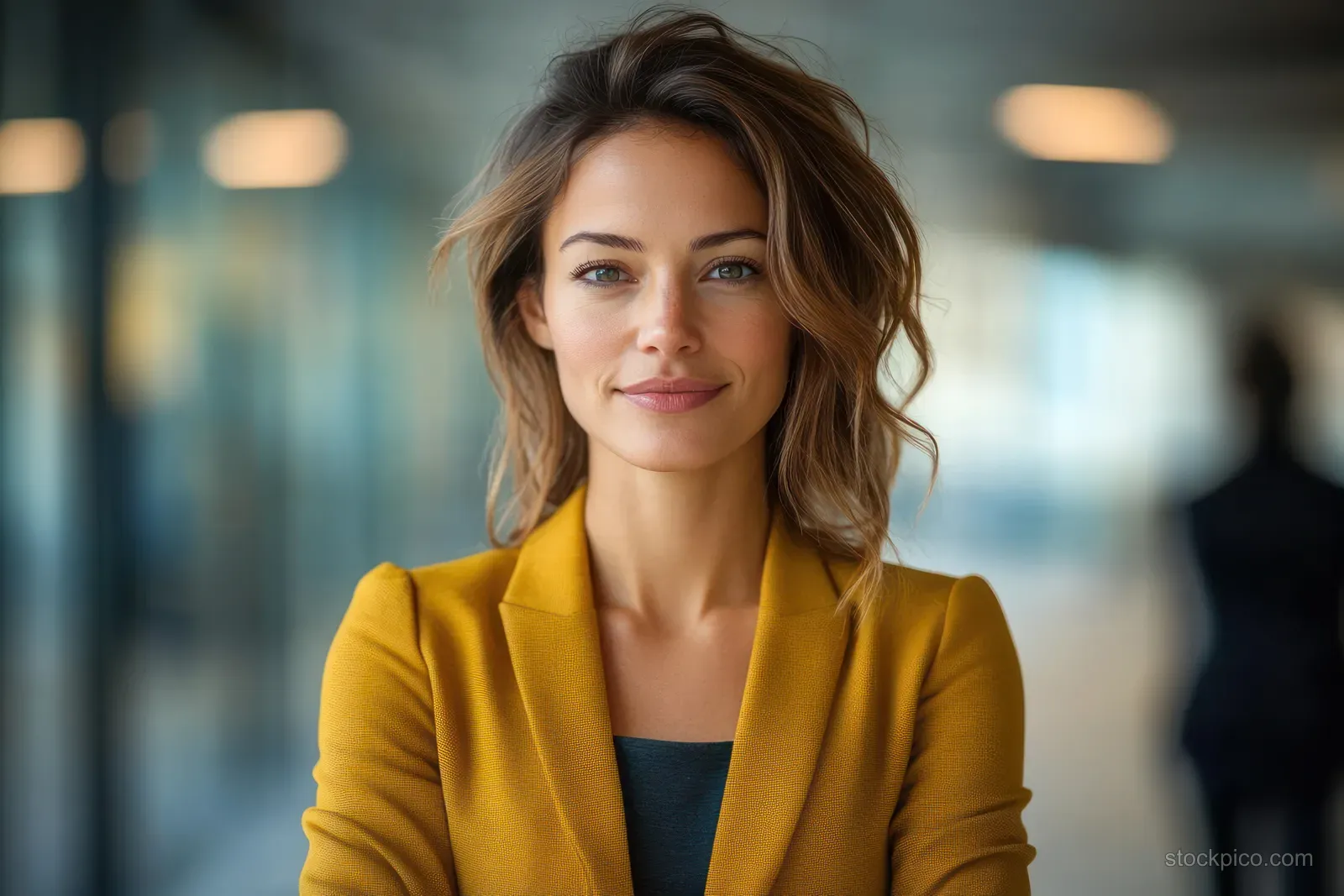 Confident businesswoman in a yellow blazer smiles in a modern office hallway, exuding leadership and professionalism.