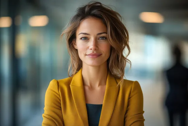 Confident Businesswoman in Yellow Blazer in a Modern Office Hallway