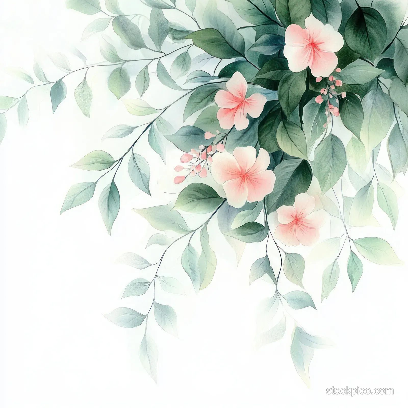 Watercolor green leaves and soft pink flowers form a corner border on a light background.