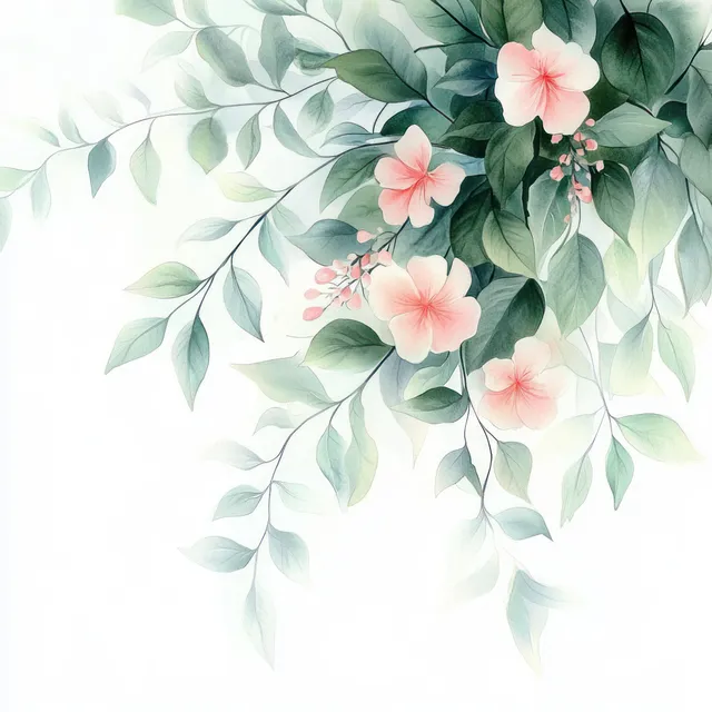 Watercolor floral corner border with green leaves and soft pink blossoms for greeting cards