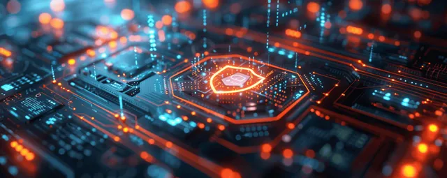 Shielded cybersecurity chip with fingerprint authentication glow over financial network lines