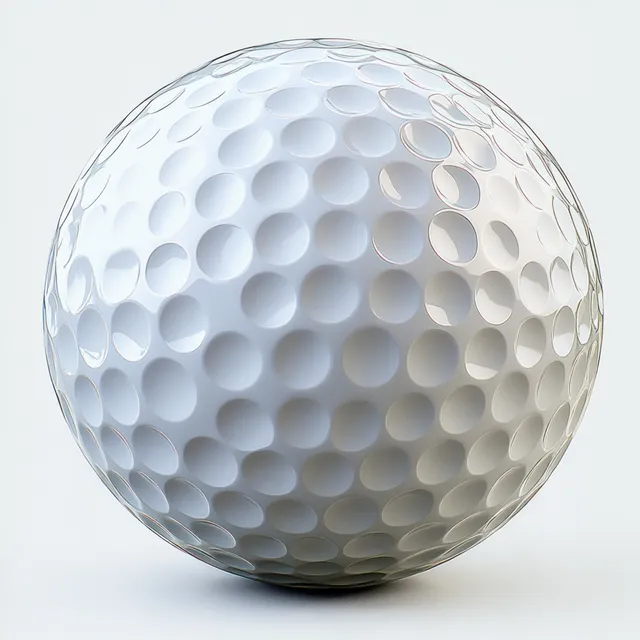A close-up white golf ball showing its dimple pattern with soft reflections against a light studio background.